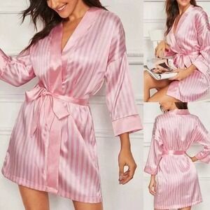 NEW Pink white Satin Robe S loungewear Soft Belted Stripe valentines day